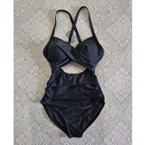 Eomenie Black One Piece Swimsuit Cutout Ruched Monokini New Size M